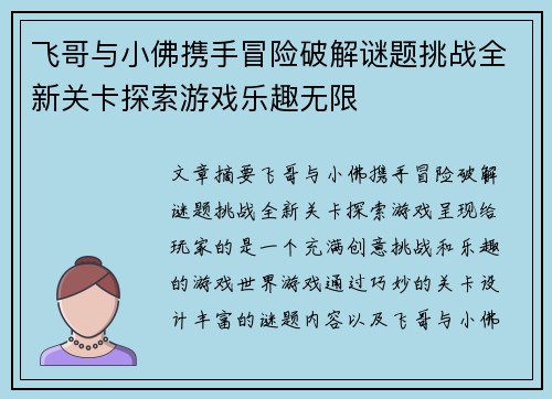 飞哥与小佛携手冒险破解谜题挑战全新关卡探索游戏乐趣无限